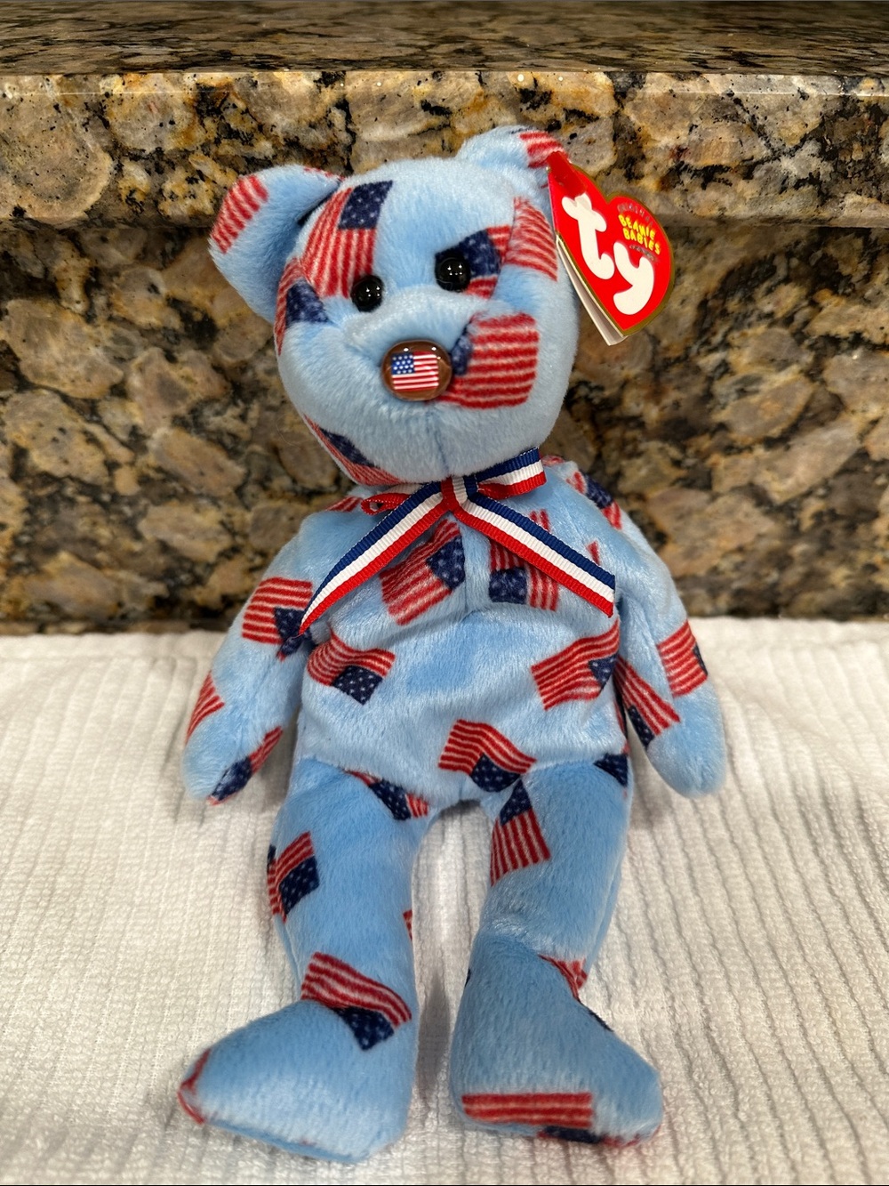 Ty Beanie Baby - Light Blue Flag Print Bear